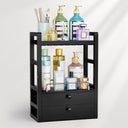 Black storage rack with various bottles and containers on a white background