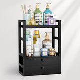 Black storage rack with various bottles and containers on a white background