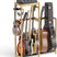 Bamboo wooden guitar stand holding various guitars and a mixer on a white background