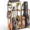 Bamboo wooden guitar stand holding various guitars and a mixer on a white background