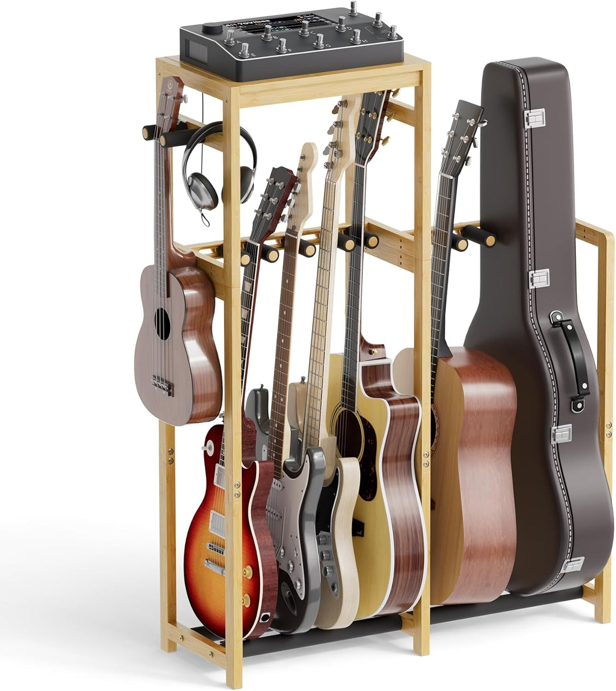 Bamboo wooden guitar stand holding various guitars and a mixer on a white background