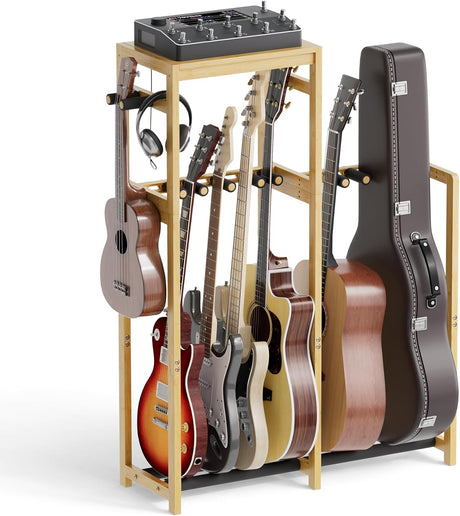 Bamboo wooden guitar stand holding various guitars and a mixer on a white background