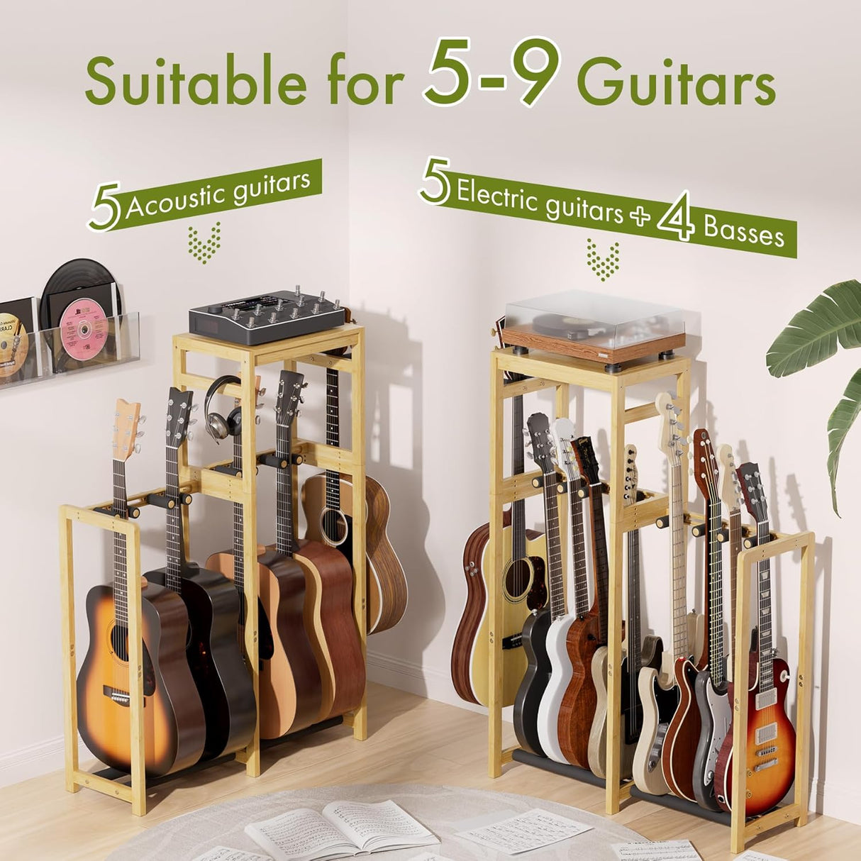 Guitar stand holding multiple guitars with text indicating capacity for 5-9 guitars.