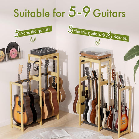 Guitar stand holding multiple guitars with text indicating capacity for 5-9 guitars.