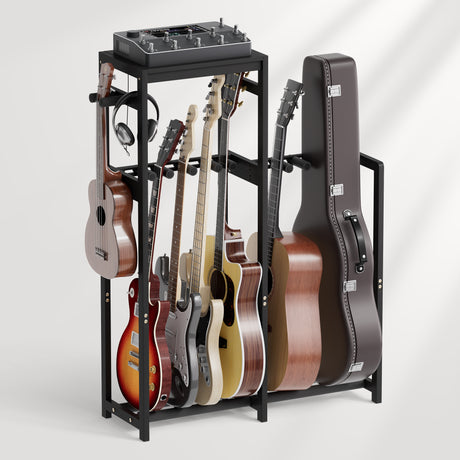 A black metal guitar and instrument storage rack holding multiple acoustic.