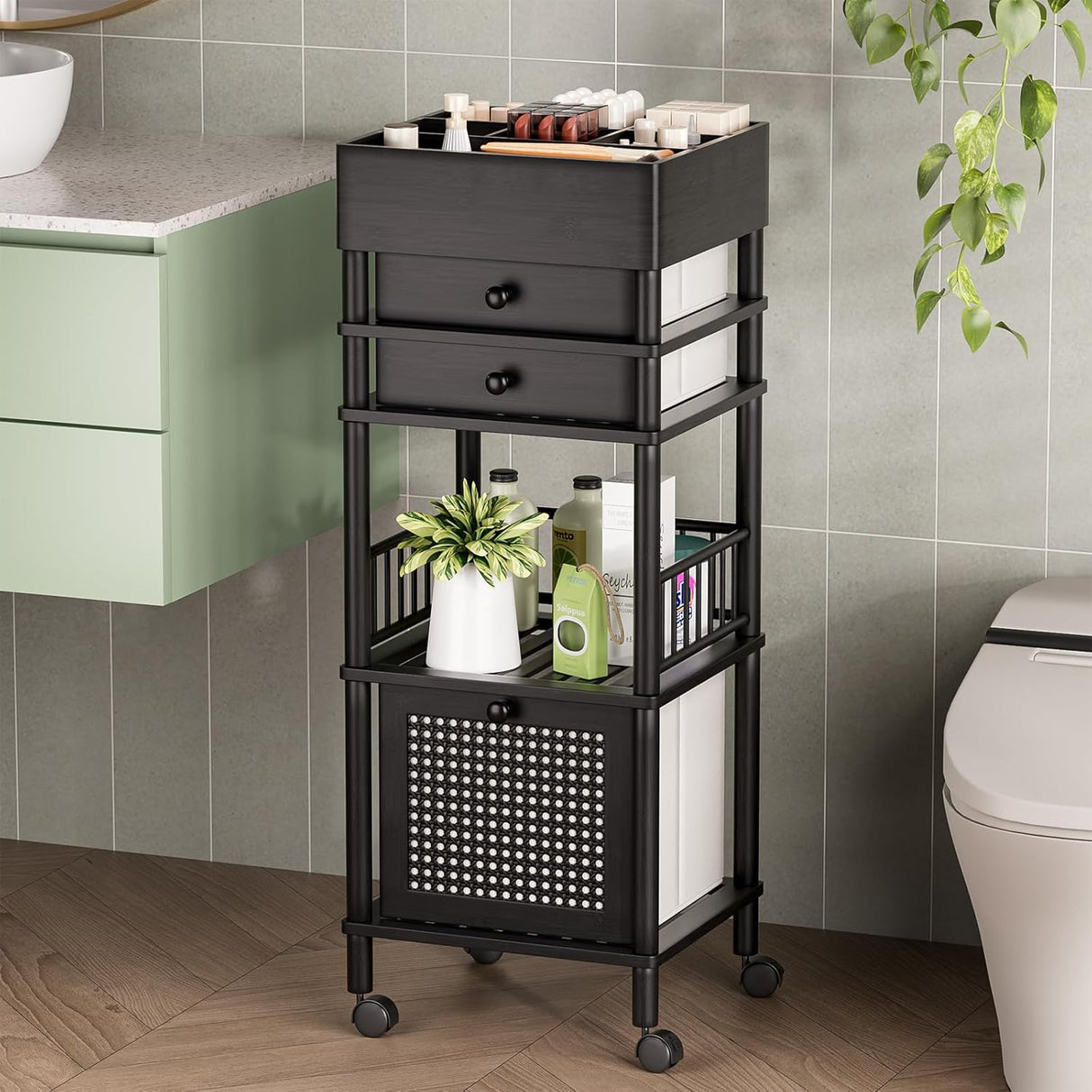 Black rolling cart in a bathroom with various items on shelves