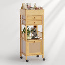 Bamboo Wooden storage cart with drawers and a basket on wheels, against a white background.