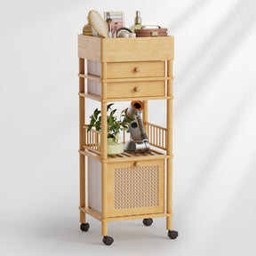 Bamboo Wooden storage cart with drawers and a basket on wheels, against a white background.