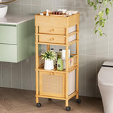 Wooden storage cart with drawers and shelves in a bathroom setting.