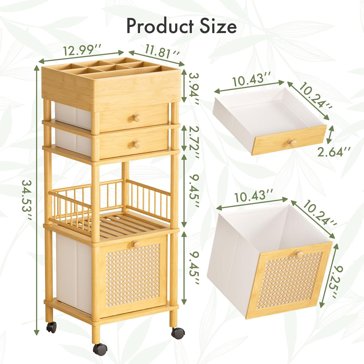 Wooden storage cart with dimensions displayed on a white background