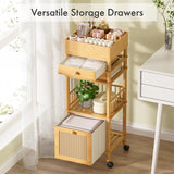 Wooden storage cart with drawers and shelves in a room setting.