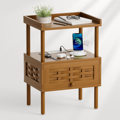 A two-tier wooden nightstand with a warm medium-brown finish.