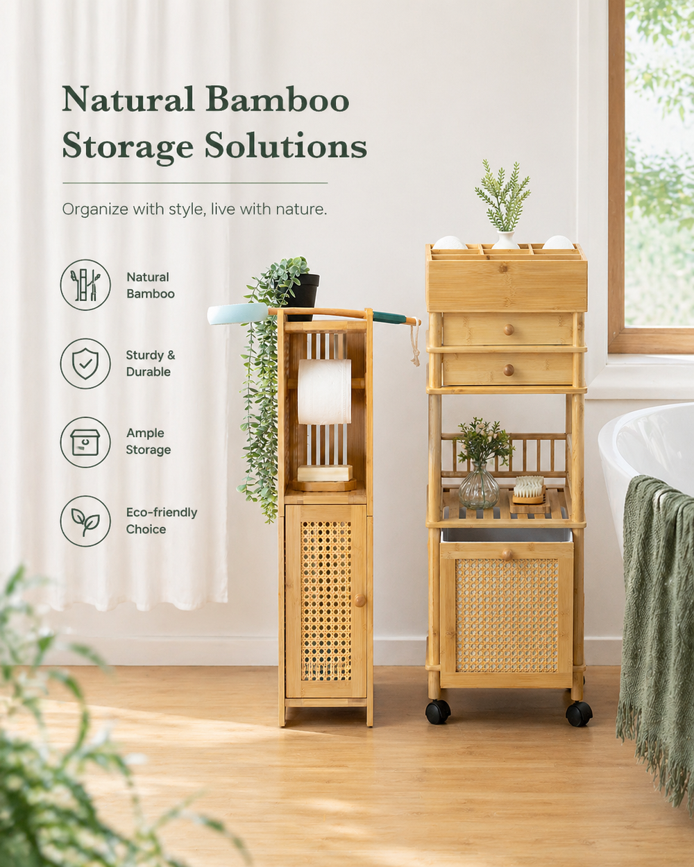 Bamboo storage solutions with text highlighting features like natural bamboo, study durability, ample storage, and eco-friendliness.
