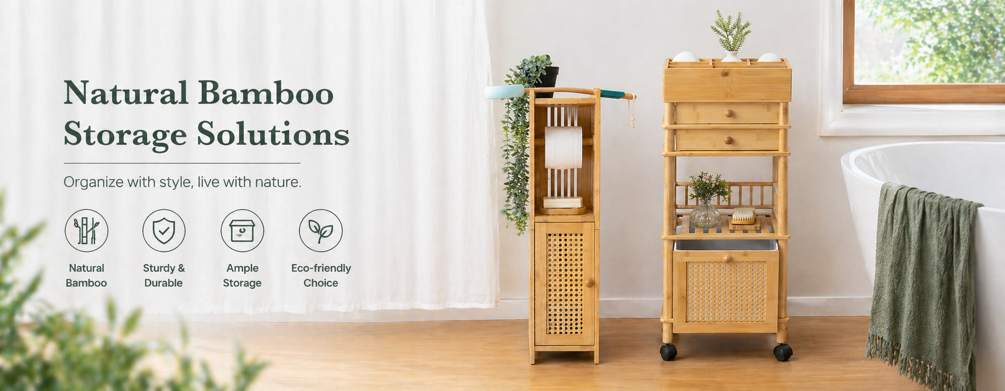 Bamboo storage solutions with text on natural bamboo storage in a bathroom setting.