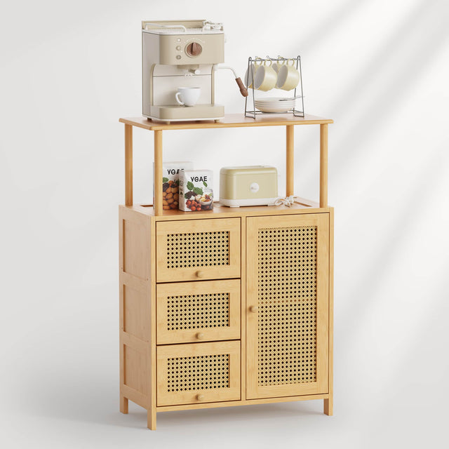 Bamboo wooden cabinet with shelves and drawers on a white background