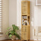 Tall wooden bookshelf with books and decor in a room with a plant and sofa.