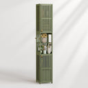 Green tall cabinet with decorative items on a white background