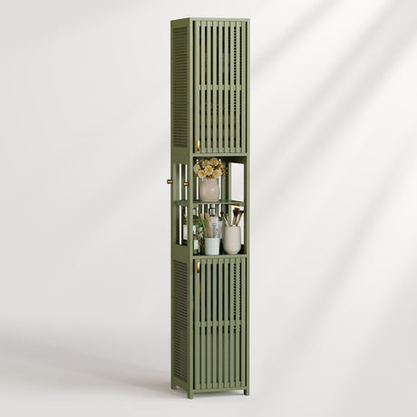 Green tall cabinet with decorative items on a white background