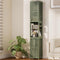 Tall green bookshelf with decorative items in a living room setting