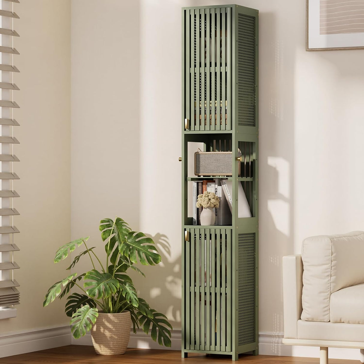 Tall green bookshelf with decorative items in a living room setting