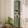 Tall green bookshelf with decorative items in a living room setting