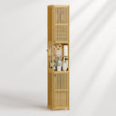 Tall bamboo shelf with decorative items on a white background