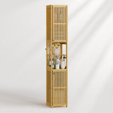 Tall bamboo shelf with decorative items on a white background