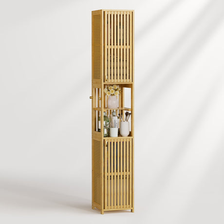 Tall bamboo shelf with decorative items on a white background