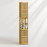 Tall bamboo shelf with decorative items on a white background
