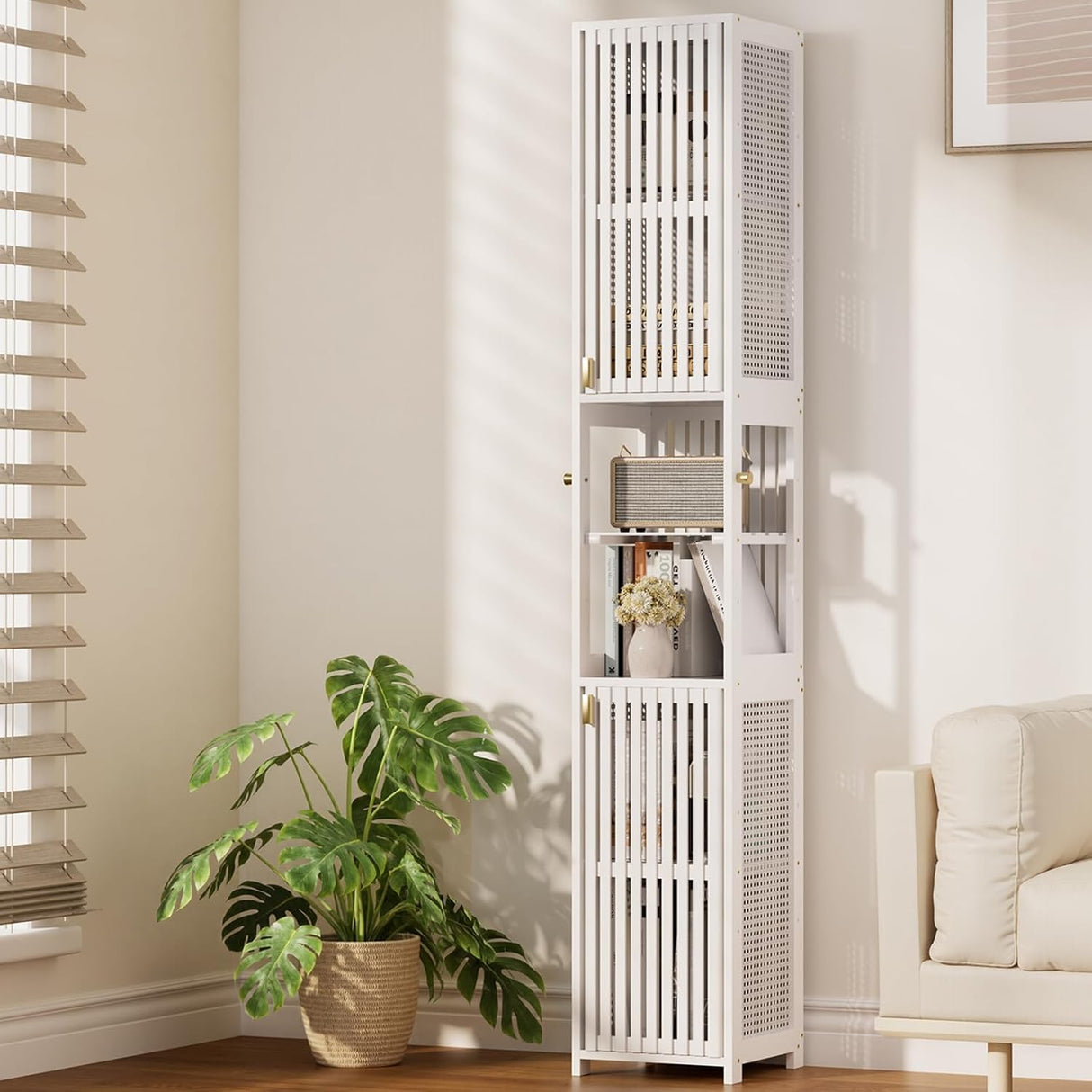 Tall white lattice shelf in a room with a plant and sofa