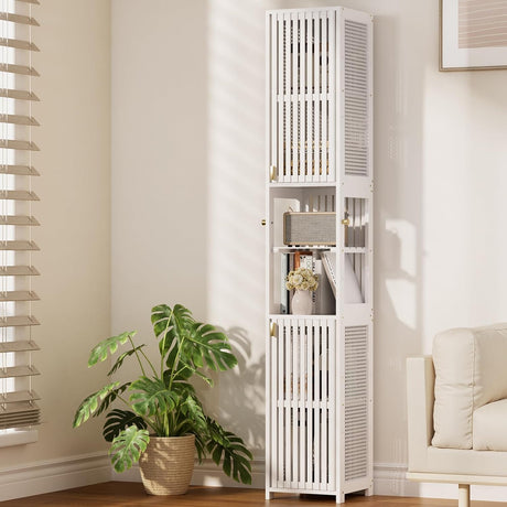 Tall white lattice shelf in a room with a plant and sofa