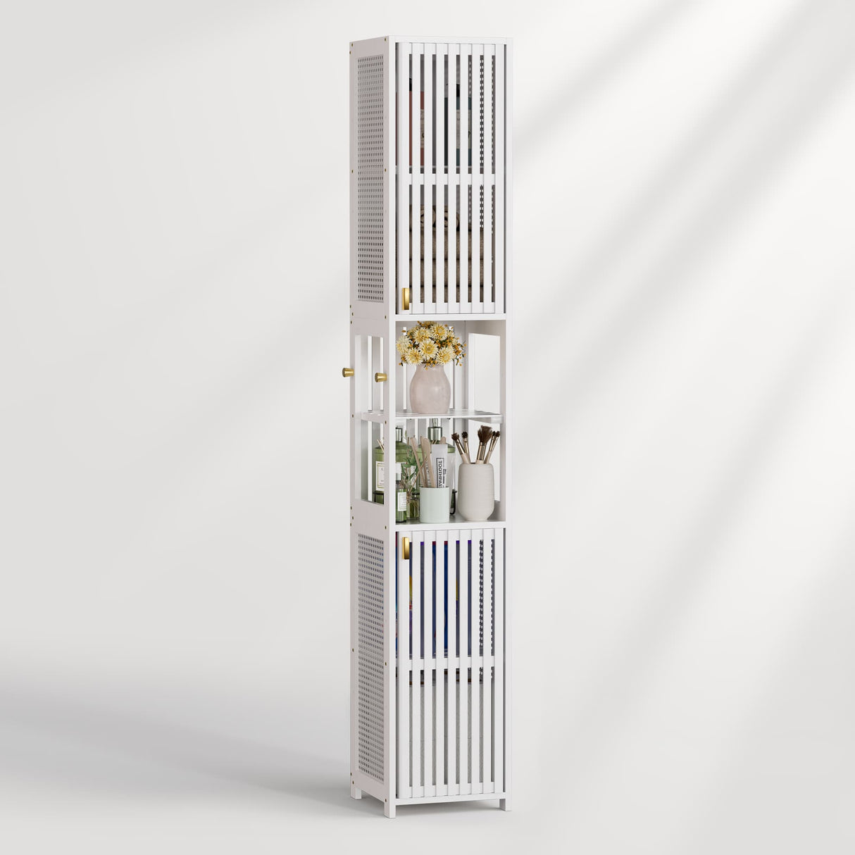 Tall white cabinet with decorative items on a white background