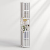 Tall white cabinet with decorative items on a white background