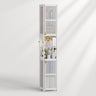 Tall white cabinet with decorative items on a white background