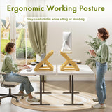 Two people using adjustable standing desks in a home office setting with ergonomic posture advice.