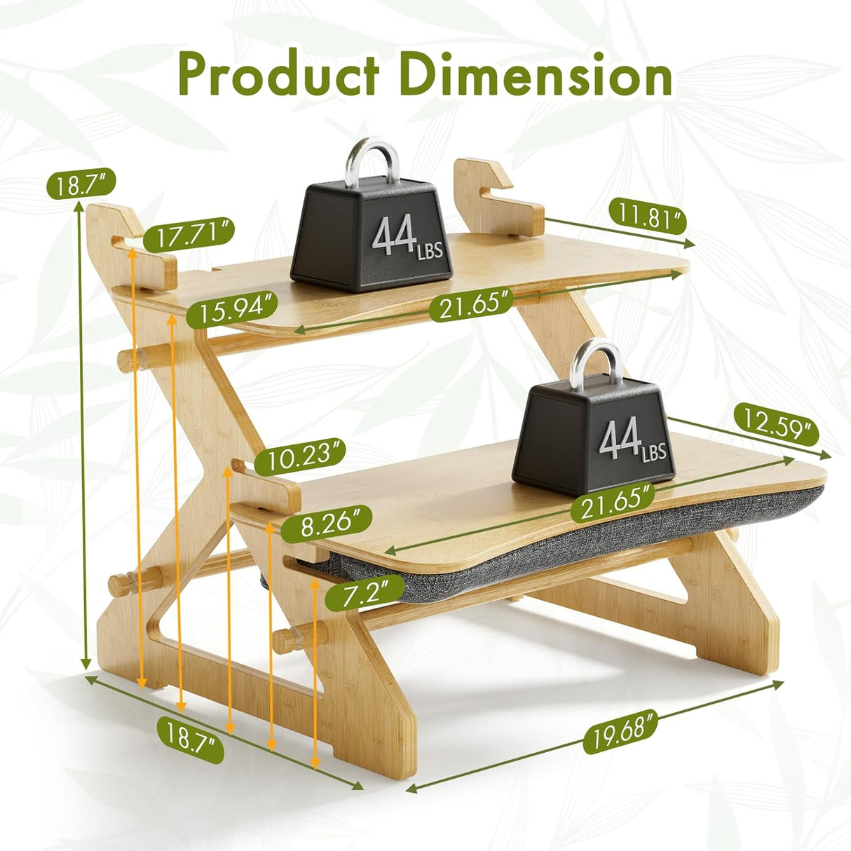 Wooden step platform with measurements and weight indicators on a white background