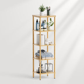 Bamboo shelf with various items on a white background