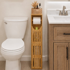 Bathroom with a bamboo wooden storage tower next to a toilet and vanity.