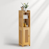 Tall wooden cabinet with wicker design on a white background