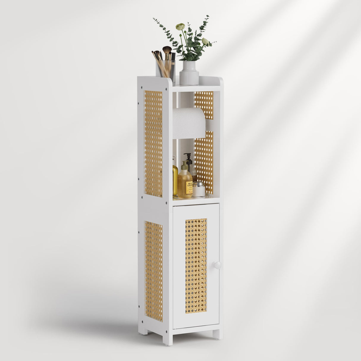 White cabinet with rattan doors on a white background