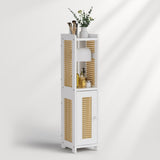 White cabinet with rattan doors on a white background