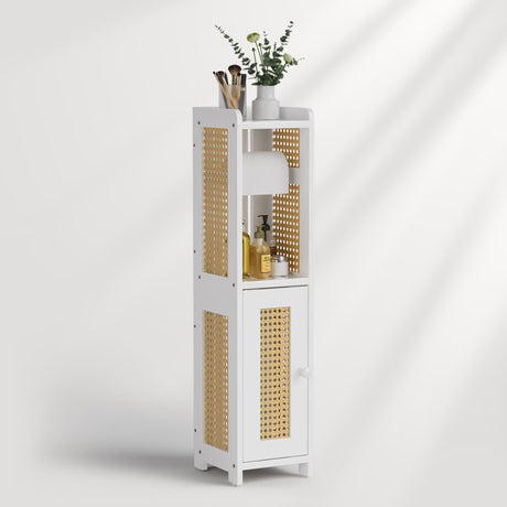 White cabinet with rattan doors on a white background