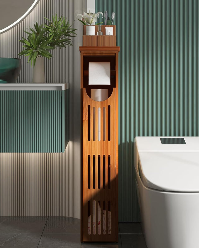 AmazerBath bamboo toilet paper storage cabinet in Brown, main variant image showing product color, finish, and design details.