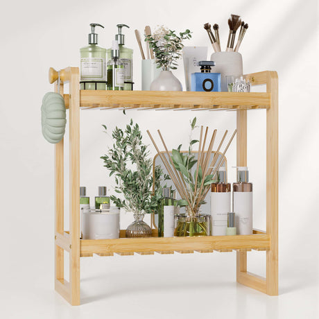 Bathroom shelf with various items including bottles, plants, and a mirror on a white background