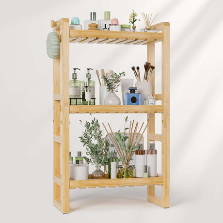 Wooden shelf with various decorative items on a white background