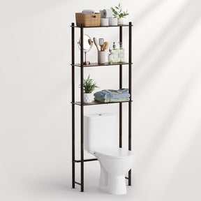 Bathroom shelving unit with toiletries against a white background
