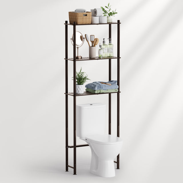 Bathroom shelving unit with toiletries against a white background