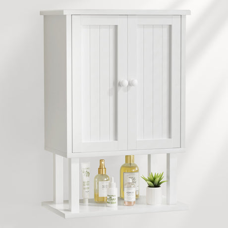 White wall-mounted cabinet with shelves holding skincare products and a small plant.