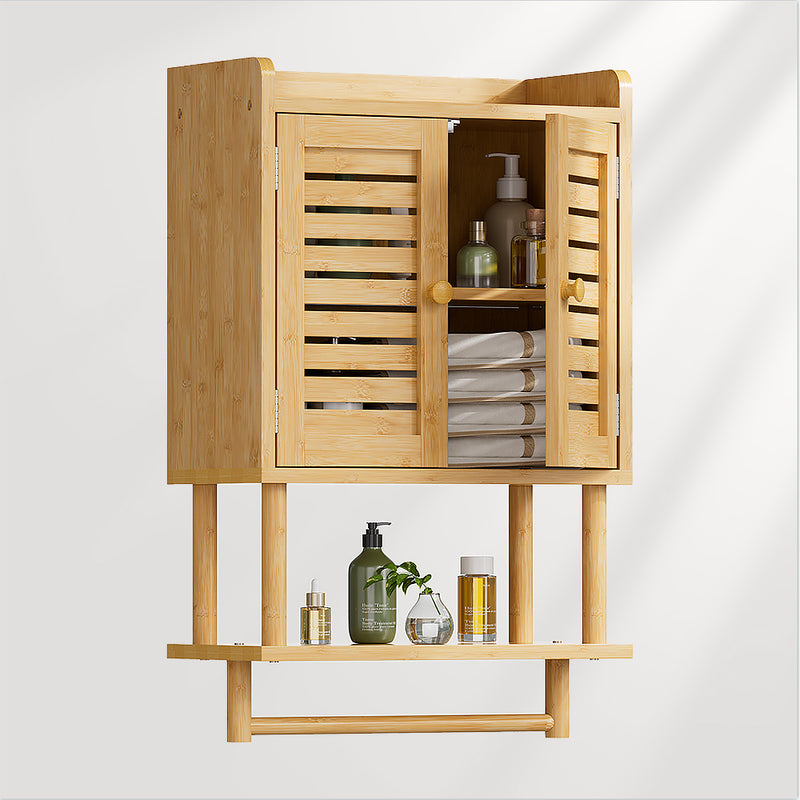 AmazerBath bamboo bathroom wall cabinet with louvered double doors, towel shelves, and toiletries arranged inside and below.