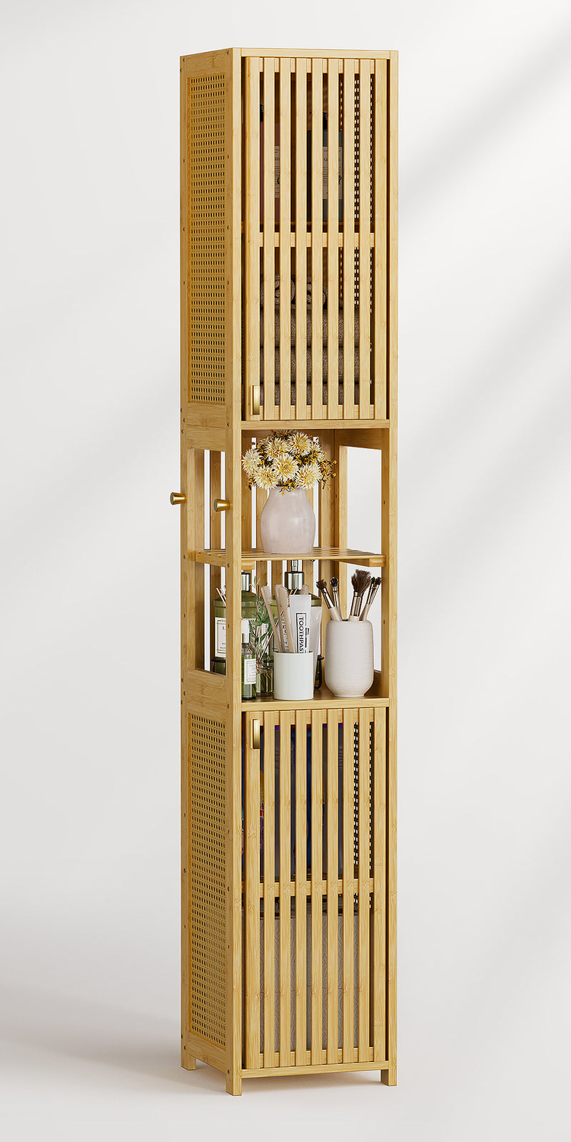 AmazerBath tall slim bamboo bathroom storage cabinet with louvered doors and an open center shelf holding toiletries and decor.